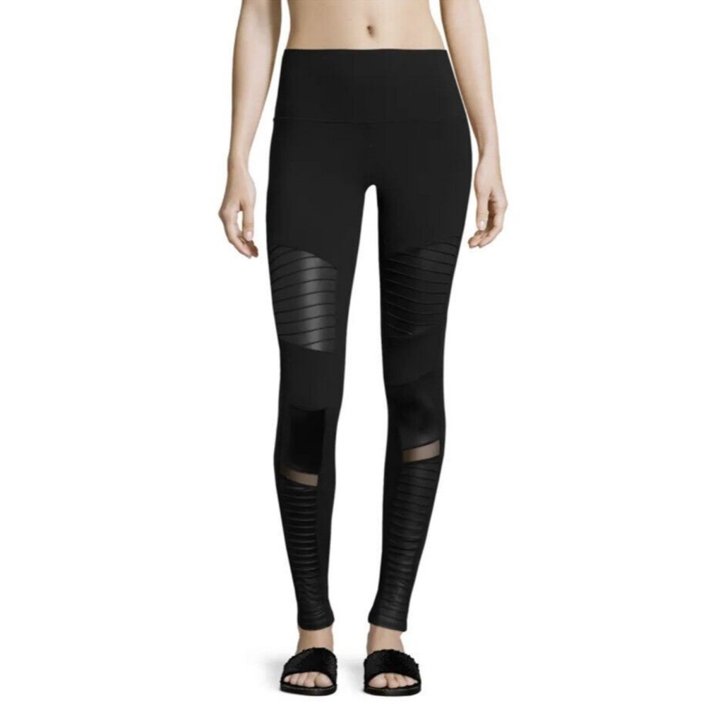 Alo Yoga High-Waist Moto Legging Size S Black Glossy Faux Leather Mesh Panels